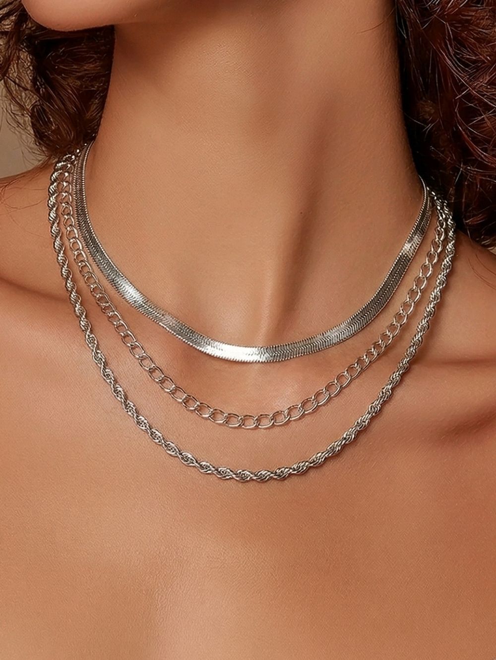 Layered Stack Necklace 3-in-1 Silver Herringbone Curb Rope Chains 15–22" Luxe